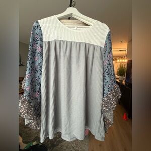 Torrid Gray Blouse with Floral Sleeves